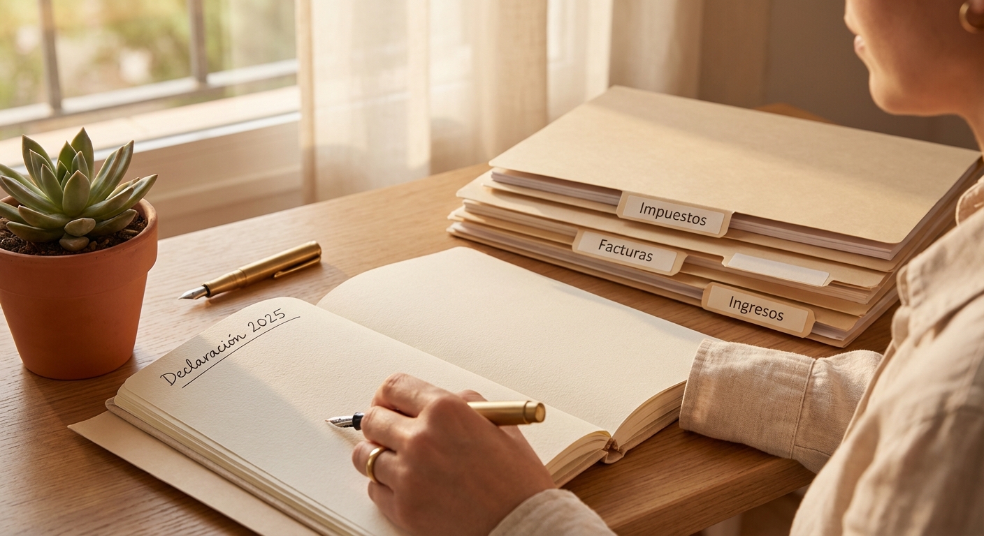 Mujer escribiendo Declaración 2025 en un cuaderno junto a carpetas etiquetadas y una pequeña planta